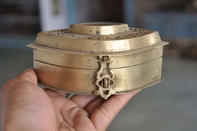 Old Brass Cut Work Mirror Fitted 6 Compartment Betel Nut Box