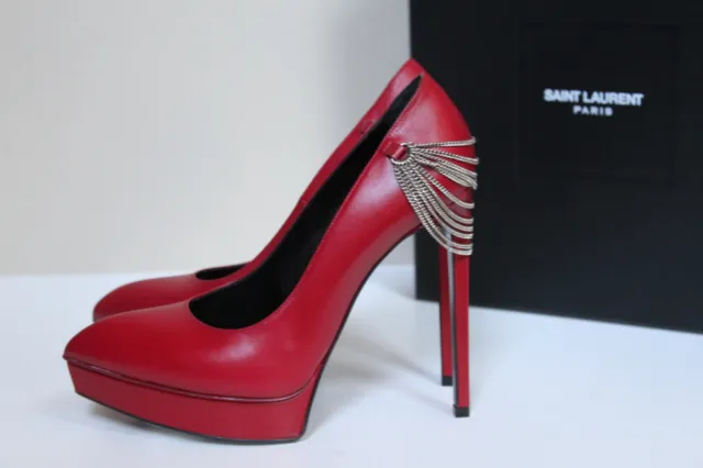 New sz 9 / 39 Saint Laurent Red Leather Janis Chain Heel Pointed  Pump Shoes