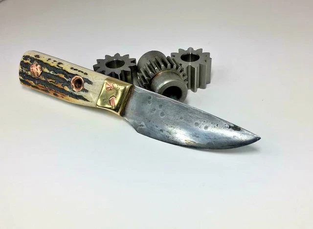 Carved Stag Handle EDC Knife, Hand-Forged, Antique Wrought Iron, Leather Sheath