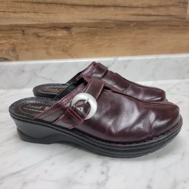 Women's 8-8.5 39 Josef Seibel Carole Burgundy Leather Clogs Shoes Slip-On Buckle 2