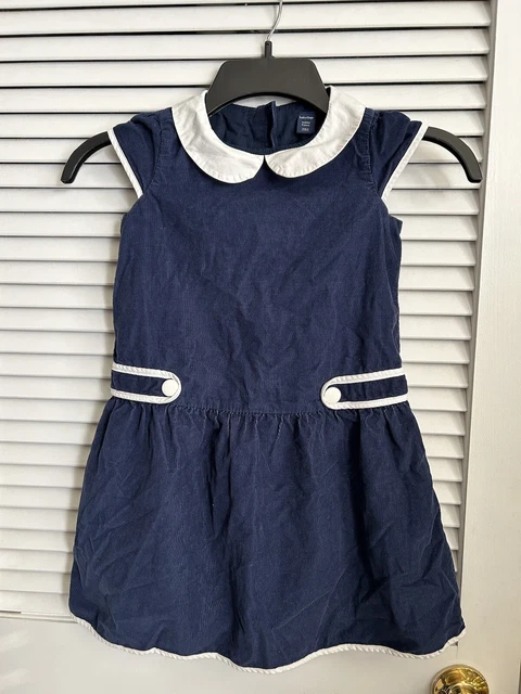 Baby Gap Girls 5 Navy Blue White Corduroy Short Sleeve Dress Peter Pan Collar