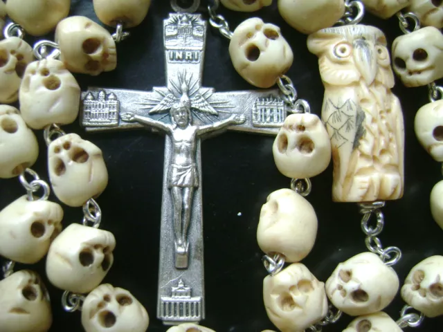 Vintage Owl Tibet Oxen Bone Skull Beads Catholic Rosary Necklace Cross Crucifix