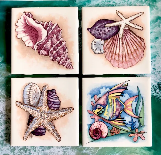 Fish Seashells Coastal Glazed Ceramic Accent Tiles Mottles Murals  4-Pc Set VTG