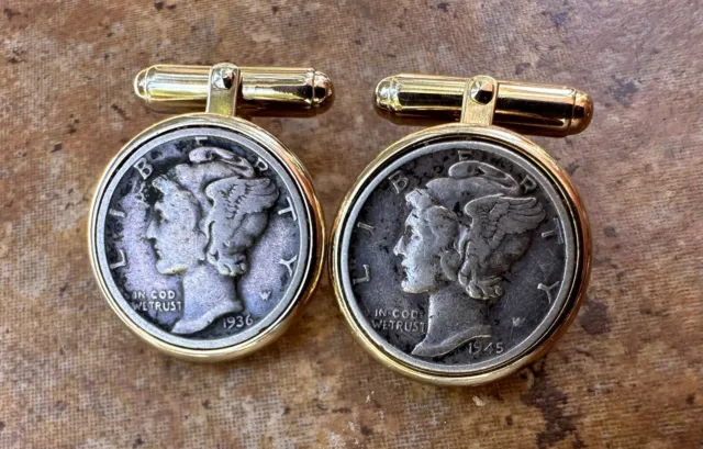 Unique Mercury Dime Cufflinks 1936, 1945 90% Silver in Gold Tone Bezel