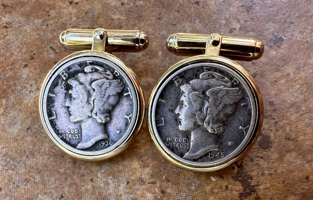 Unique Mercury Dime Cufflinks 1936, 1945 90% Silver in Gold Tone Bezel Unique Mercury Dime Cufflinks 1936, 1945 90% Silver in Gold Tone Bezel