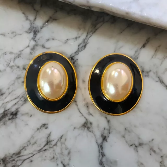 Vintage MONET Black Enamel OVAL Faux Pearl Gold Tone Clip On Earrings