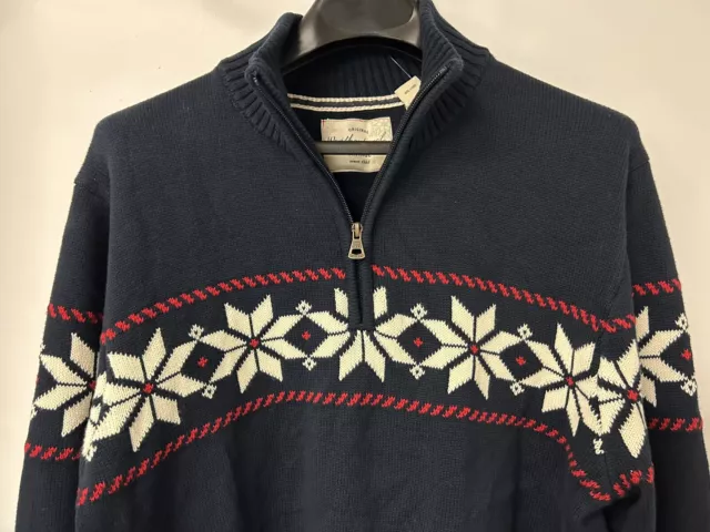 NEW! size MEDIUM Weatherproof 1/4 Zip Navy Snowflake Cotton Christmas Sweater