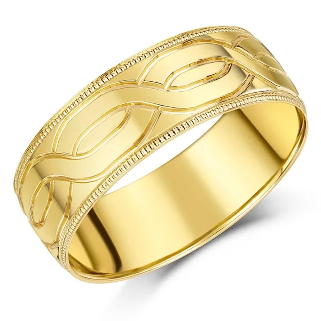 8mm 9ct Yellow Gold Ring Celtic Design Hand Engraved Wedding Band UK Hallmarked