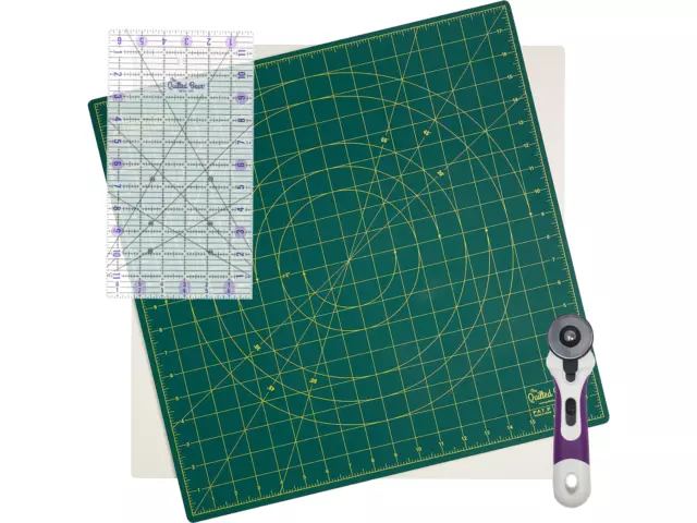 The Quilted Bear 18" x 18" Cutting Mat, 12" Ruler and 45mm Rotary Cutter