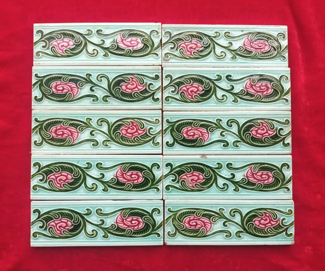 10 Pieces Lot Art Deco Floral Design Embossed Majolica Ceramic Tiles Japan 0321