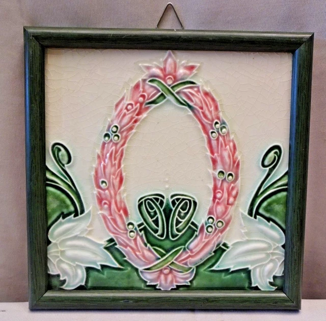 Tile Majolica England Vintage Art Nouveau Architecture Wreath Design Deco #417
