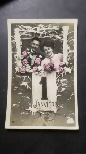 Carte Postale 1914 Cpa 1 Janvier Bonne Annee, Couple Fleurs, Old Postcard