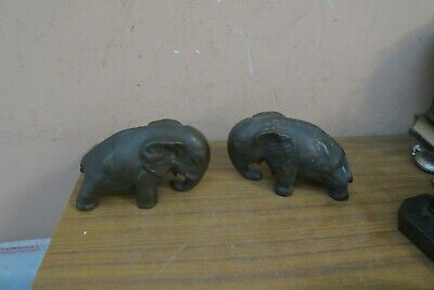Pair of Antique Cast Iron - Bronze Elephant Statue Figurine Bookends