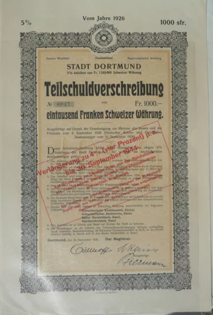 5%ige Teilschuldverschreibung Stadt Dortmund 1000 SFR 1926 unentwertet