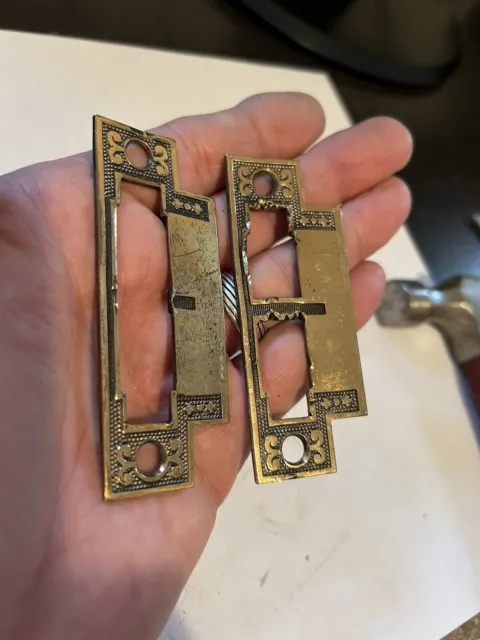 2 Old Eastlake Victorian Door Jamb Mortise Lock Brass 3 1/2” Strike Plate Catch