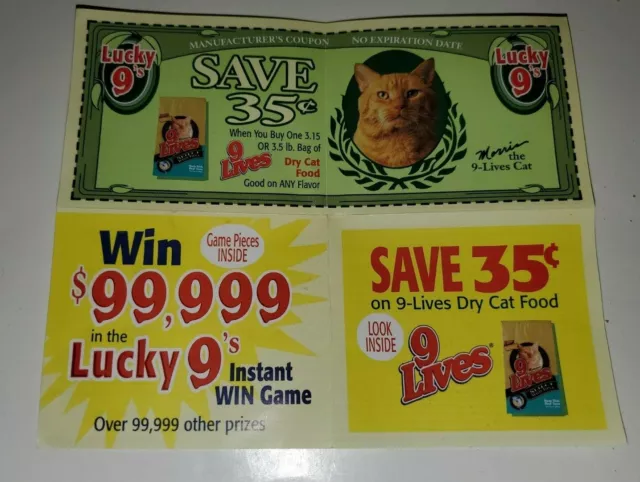 Vintage 1999 9 Lives Morris Cat Food Ad Mascot Coupon Lucky 9'S Nine Lives Lot