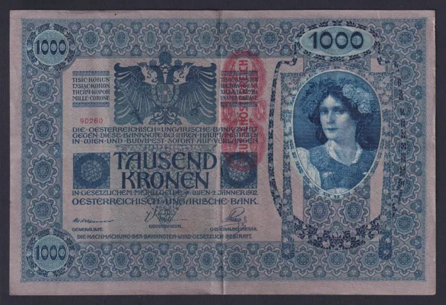 Austria 1000 Kronen 1902 (1919) P 59 BB / VF L-DR4
