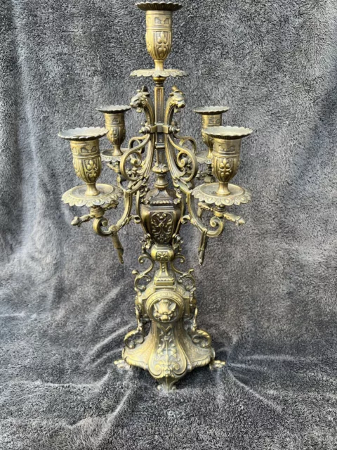 Antique French Large Candelarbra Aged Brass 5 Sconce Gothic Rivival 19th Century