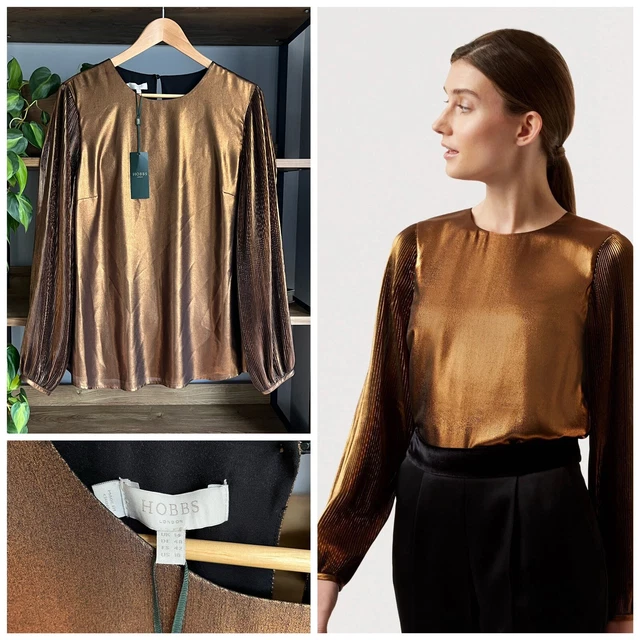 Hobbs Size 14 Black Copper Metallic Malindi Pleat Balloon Sleeve Top NWT
