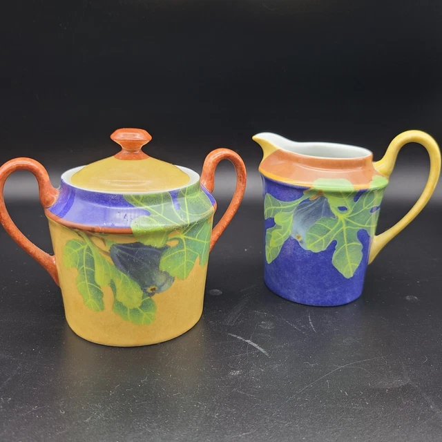 LAURE JAPY FIGARI COVERED SUGAR BOWL & CREAMER NEW blue yellow porcelain LAURE JAPY FIGARI COVERED SUGAR BOWL & CREAMER NEW blue yellow porcelain