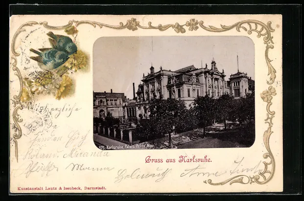 Karlsruhe, Gruss mit dem Palais Prinz Max, Ansichtskarte 1900