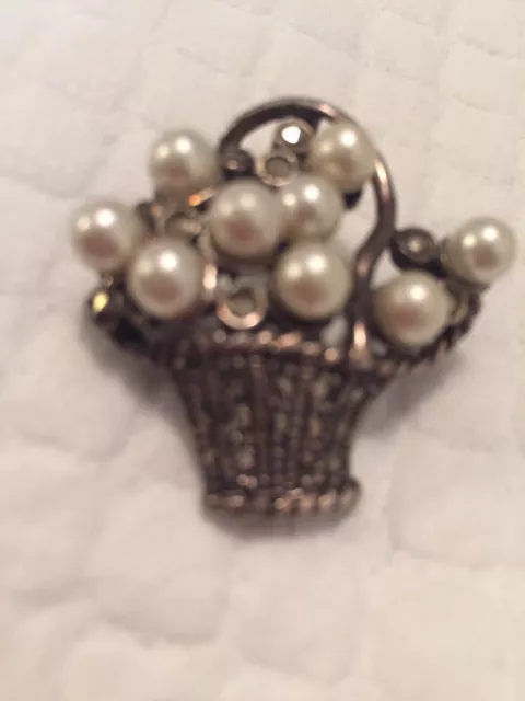 Vintage Sterling Silver Flower Basket Pearl Marcasite Pin Brooch Pendant