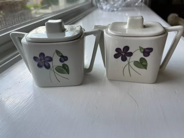 Vintage Art Deco Square Shaped Creamer and Square Sugar Bowl HandPaintd Flowers