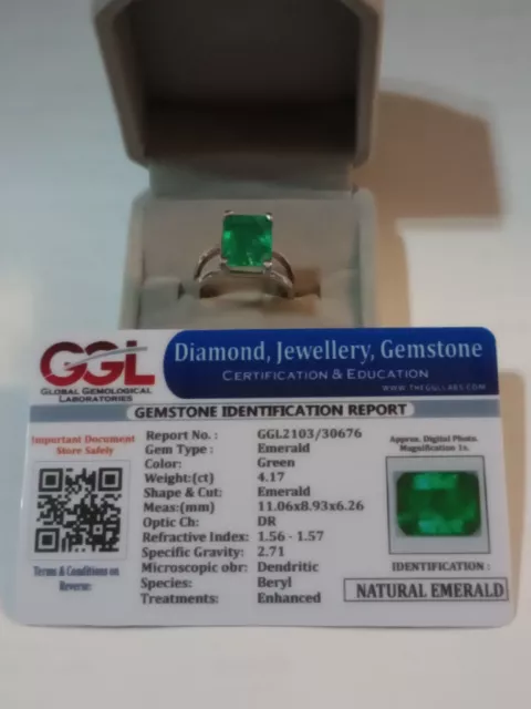 Earthmined Ggl Certified Enhanced Emerald 4.17 Ct 925 Solid Silver Ring Size 7