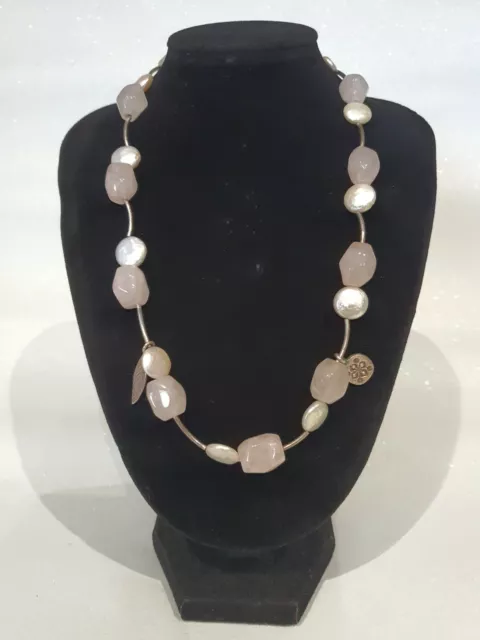 Hand Made 925 Silver, Rose Quartz And Coin Pearl Necklace