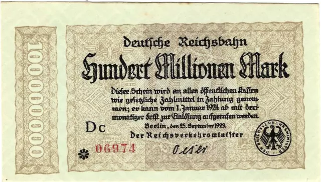 Deutsche Reichsbahn UNC 100 Millionen Mark 1923 Berlin RVM-7i #002-13r S1017b(9)