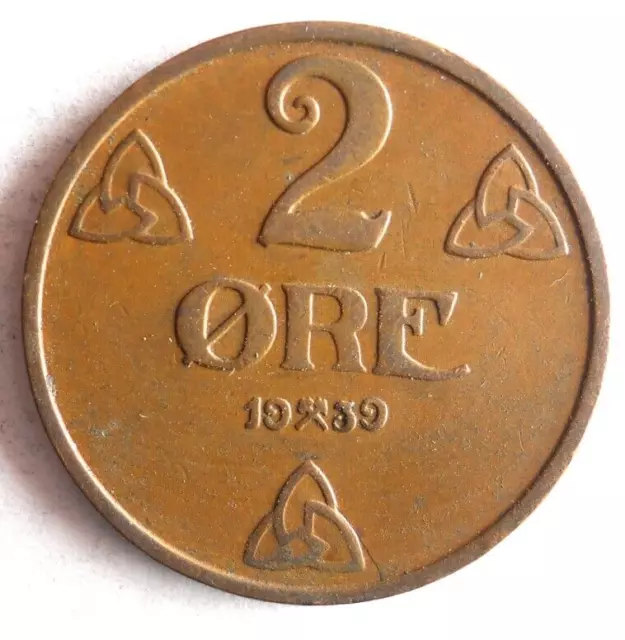 1939 NORWAY 2 ORE - High Quality Coin - FREE SHIP - Bin #704