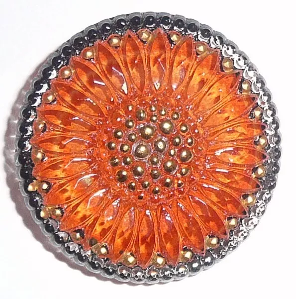 Large Beautiful Orange Czech Glass Daisy Flower Shank Button - 32mm Daisy Button