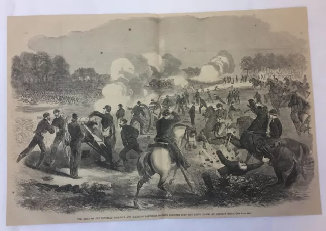 1862 magazine engraving~14x21~GRIFFIN+MARTIN'S BATTERIES, GAINES MILLS Civil War