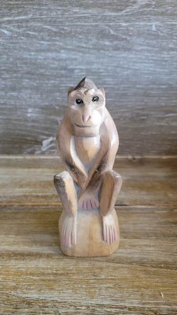 Wooden Rhesus Monkey Statue Hand Carved 6" Wooden Figure Vintage Handmade