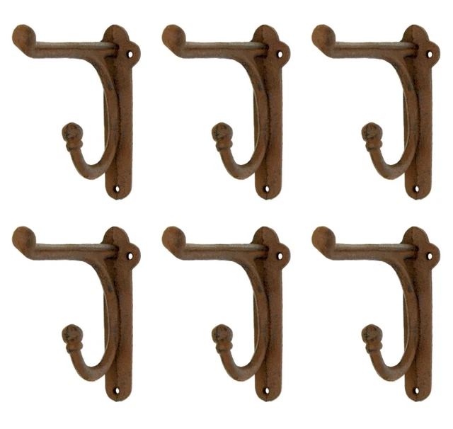 Six (6) Cast Iron Metal Large 7" Coat / Hat / Barn Horse Harness Tack Hooks