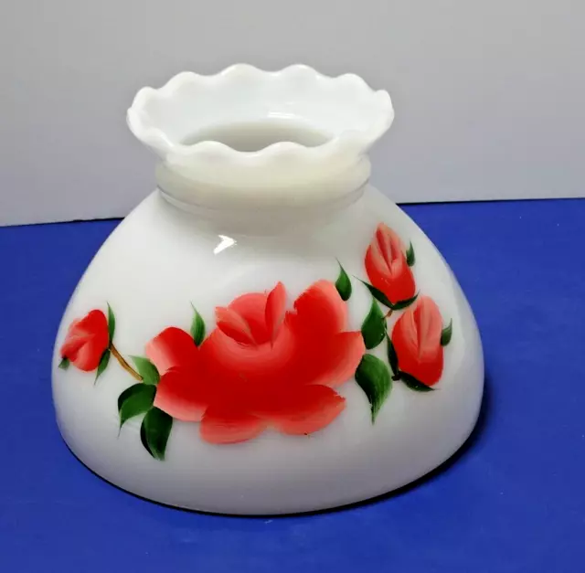 Hurricane GWTW Hand Painted Red Roses Opal Milk Glass Lamp Shade ~ 8" Fitter 6"T