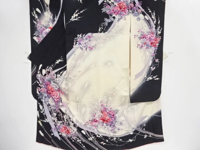 45460# Japanese Kimono / Antique Furisode / Embroidery / Floral Plants