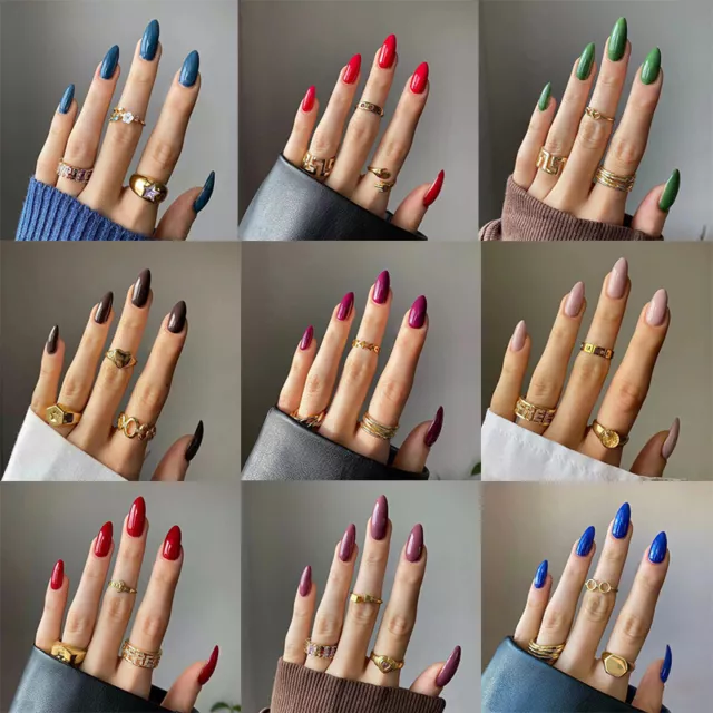 24 Stück Press On Nails Medium Mandel-Kunstnägel Mit Nagelkleber Kunstnägel F