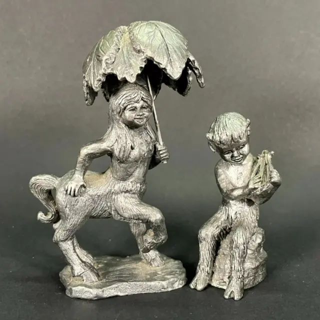 (2) Vtg Michael Ricker Pewter Figurine Signed 646 FAUN Goat Girl Boy Umbrella