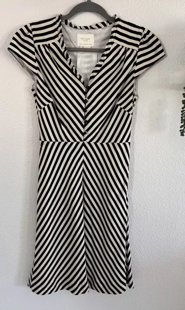 Kate Spade 100% Silk V Neck Stripe Dress Womens Sz 2 Striped Black And White