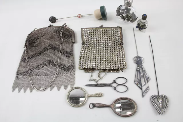 Vanity Handbag Antique Collectables Inc Chain Mail, Silver Plate, Hat Pins Etc