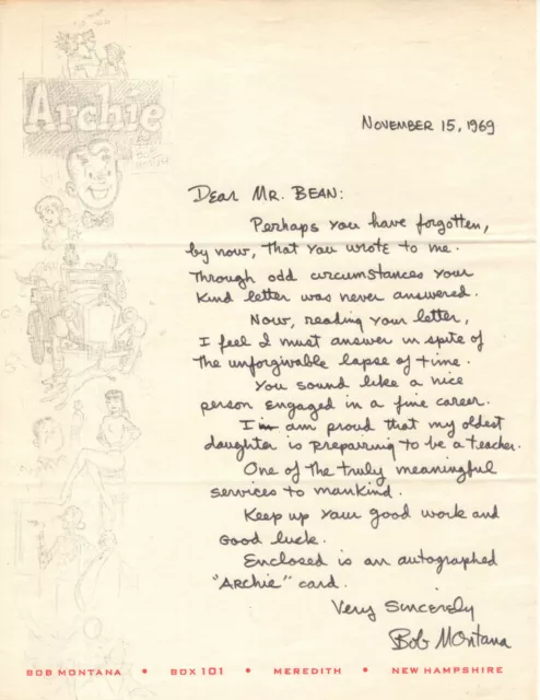Bob Montana Signed+Hand Written Letter+Coa      Rare    Creator Of Archie Comics