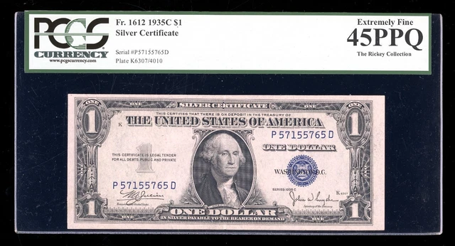 DBR 1935-C $1 Silver Fr. 1612 PD Block PCGS 45 PPQ Serial P57155765D