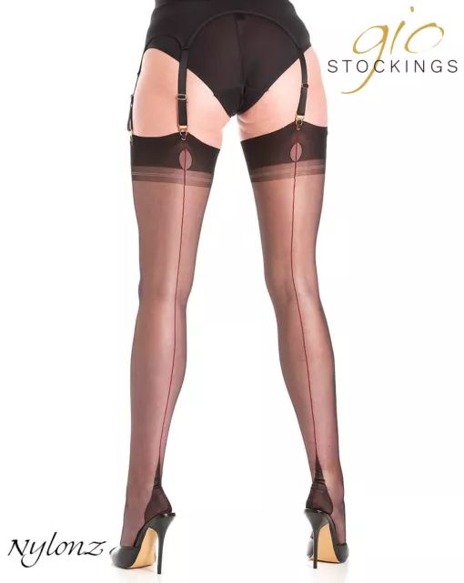 Gio Fully Fashioned Stockings - BLACK with RED CONTRAST SEAM POINT - from NYLONZ