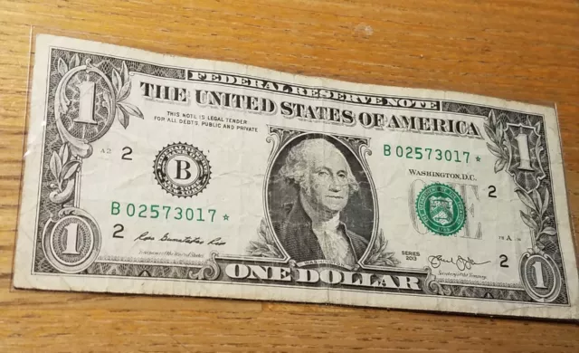 2013 $1 (One Dollar) – Star Note – Currency – “B”