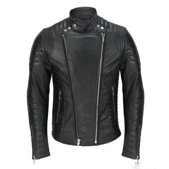 Men's Black Leather Jacket Biker Motorcycle Real Lambskin Coat Slim Fit Outwear