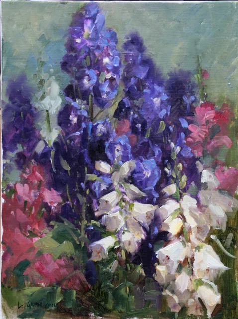 Linda Glover Gooch Delphiniums Foxgloves Flowers Oil Painting on Linen 16x12