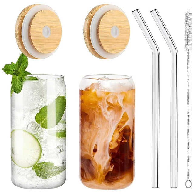 Lot 6 Verres 500ml Avec Couvercle Bambou Et Paille Verre - Borosilicate Résistant - Pour Café Glacé, Smoothie - Réutilisable
