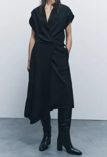 Zara Woman Midi Zw Collection Dress With Pleated Skirt Black 4786/339 New