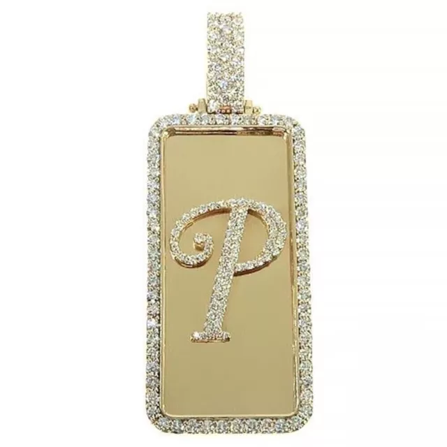 2 Ct Simulated Diamond Mens Dogtag Initial P Pendant 14k Yellow Gold Plated Over